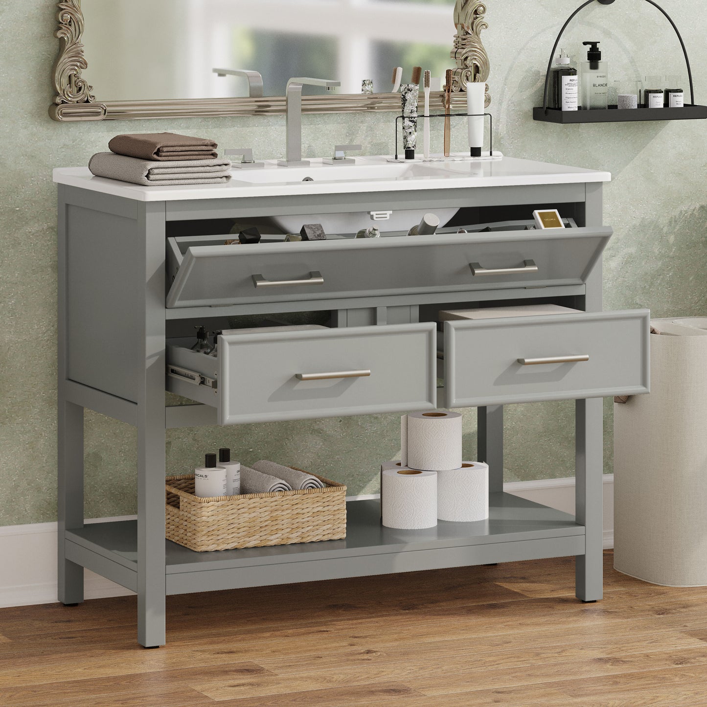 Aortzio Unassembled 36-in Gray Undermount Single Sink Bathroom Vanity with Gray Ceramic Top