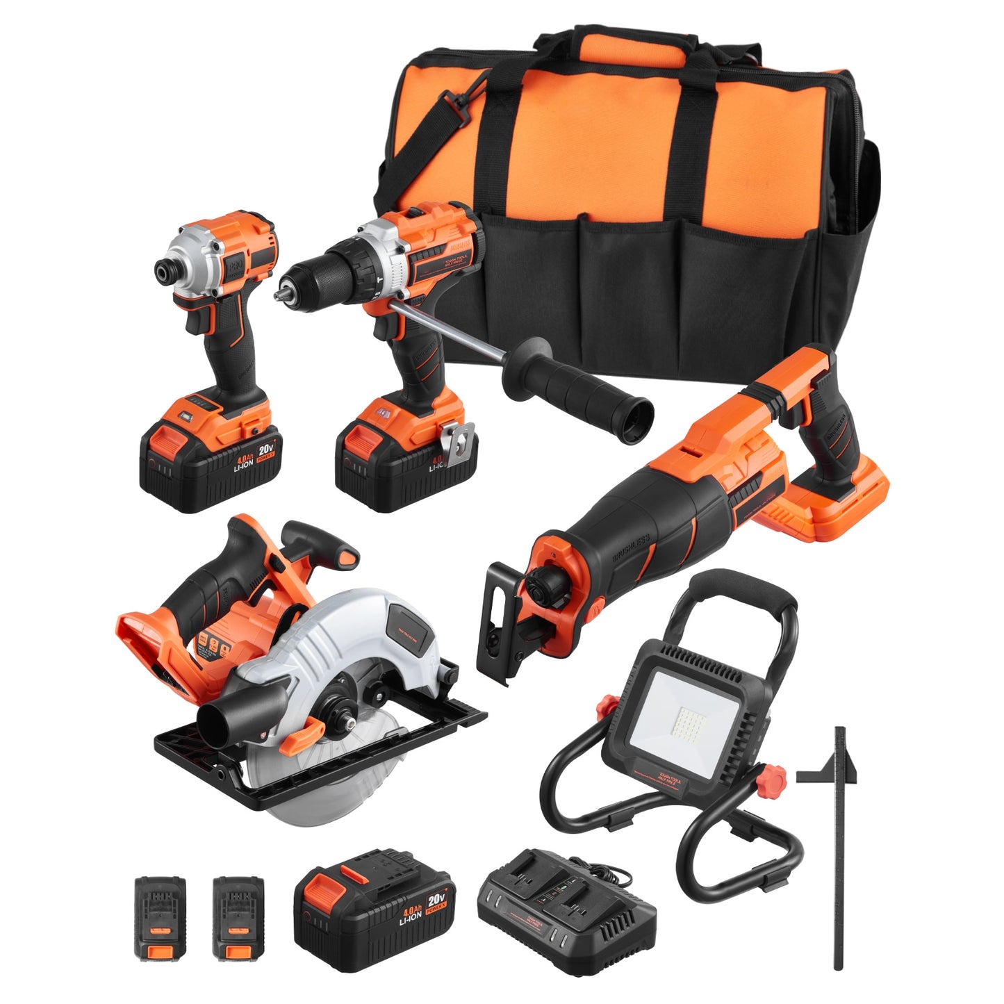 VEVOR Tool Combo Kit 20V Brushless 5-Tool Combo Kit Cordless Power Tool Combo Kit Cordless Drill and Impact Driver with 4.0 Ah Batteries Charger Reciprocating Saw Circular Saw and Work Light