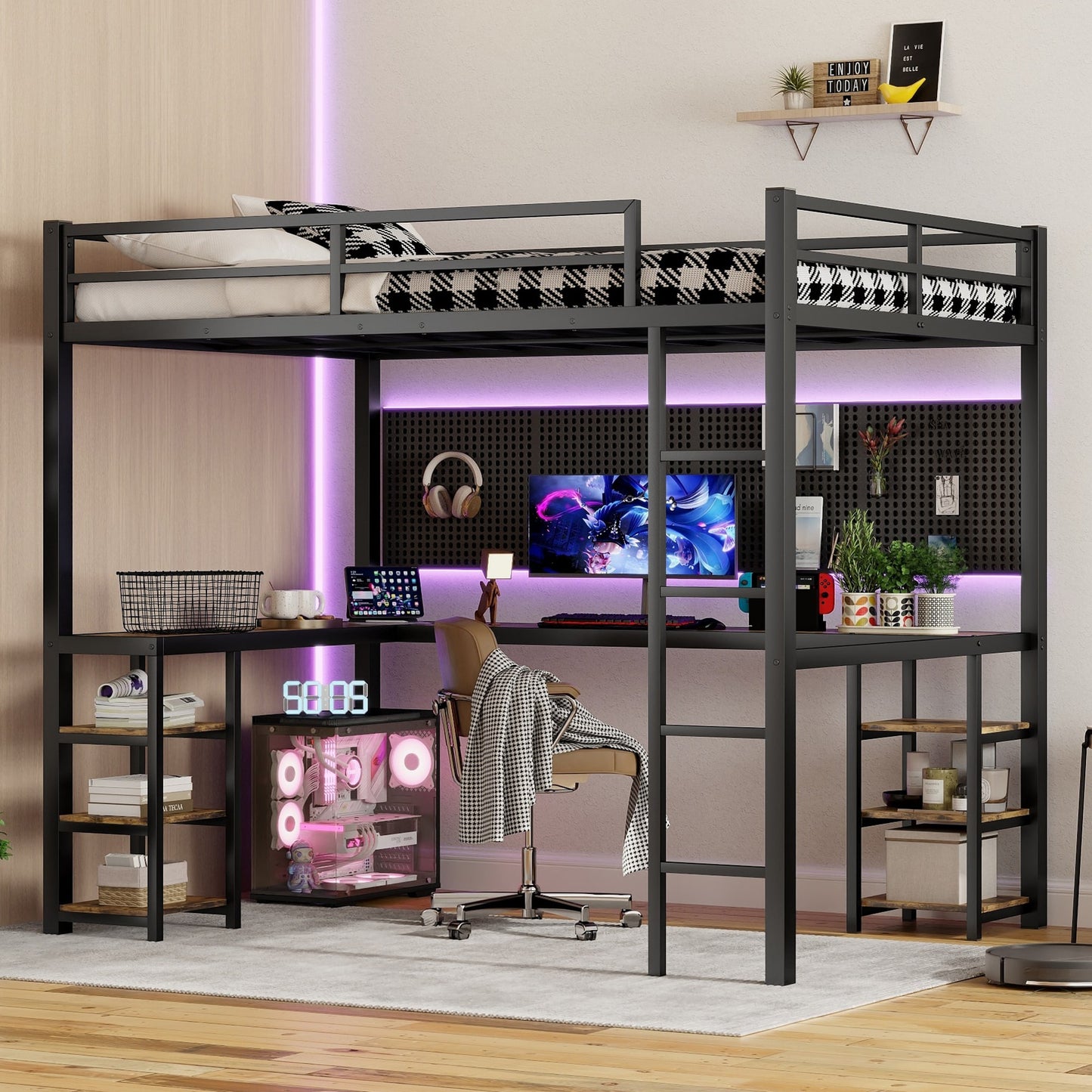 LOVMOR Full XL Metal Loft Bed with Desk and Shelves Loft Bed with Ladder and Guardrails Loft Bed Frame for Bedroom Black
