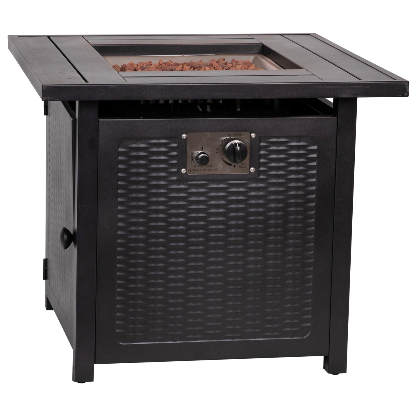 Emma + Oliver Calder 28-in Square 50;000 BTU Propane Fire Table with Black Steel Wicker Motif Frame; Steel Top and Lid; Included Lava Rocks and Hideaway Tank Holder