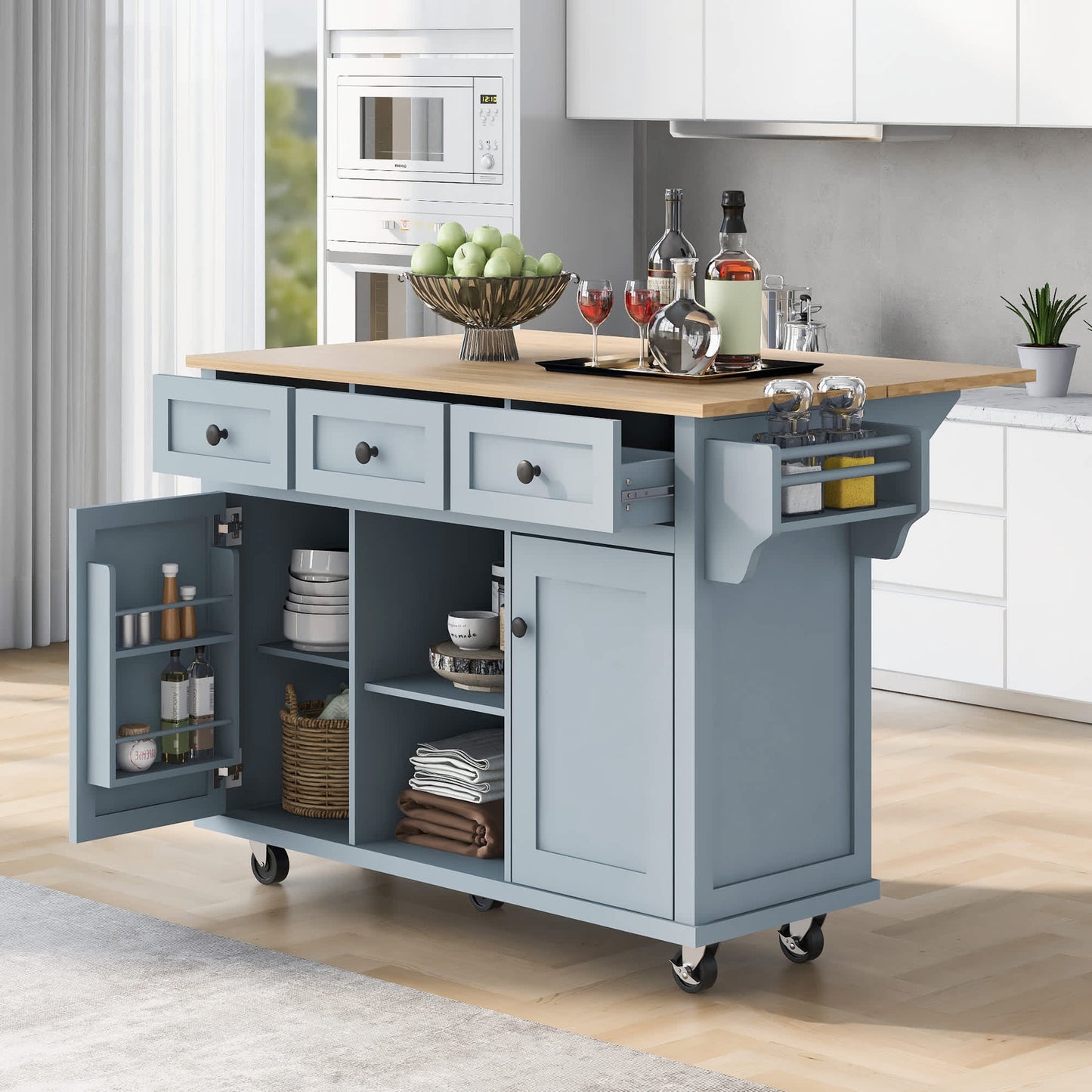 Misty Moon 53 Inch Blue Kitchen Cart with Rubber wood Drop-Leaf Countertop Kitchen Island on 5 Wheels for Dinning Room