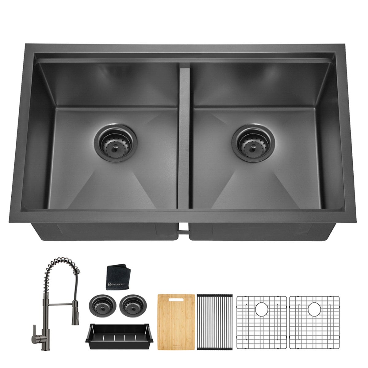 LOVMOR 33x19 Inch Undermount Gunmetal Black Double Bowl 18Gauge Stainless Steel Kitchen Sink with Faucet
