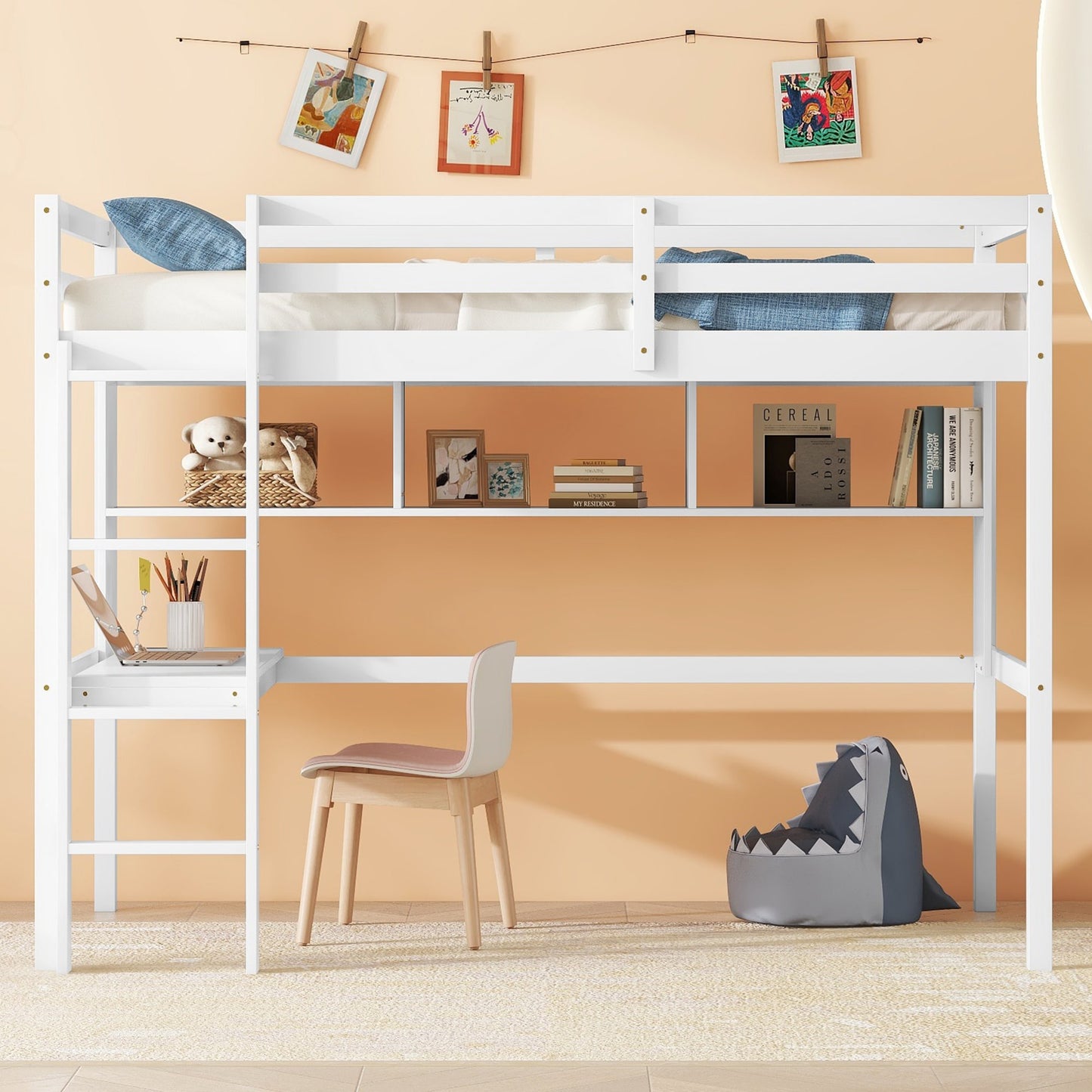 LOVMOR Twin Size Loft Bed with desk and shelves Safety Guardrail and ladder White