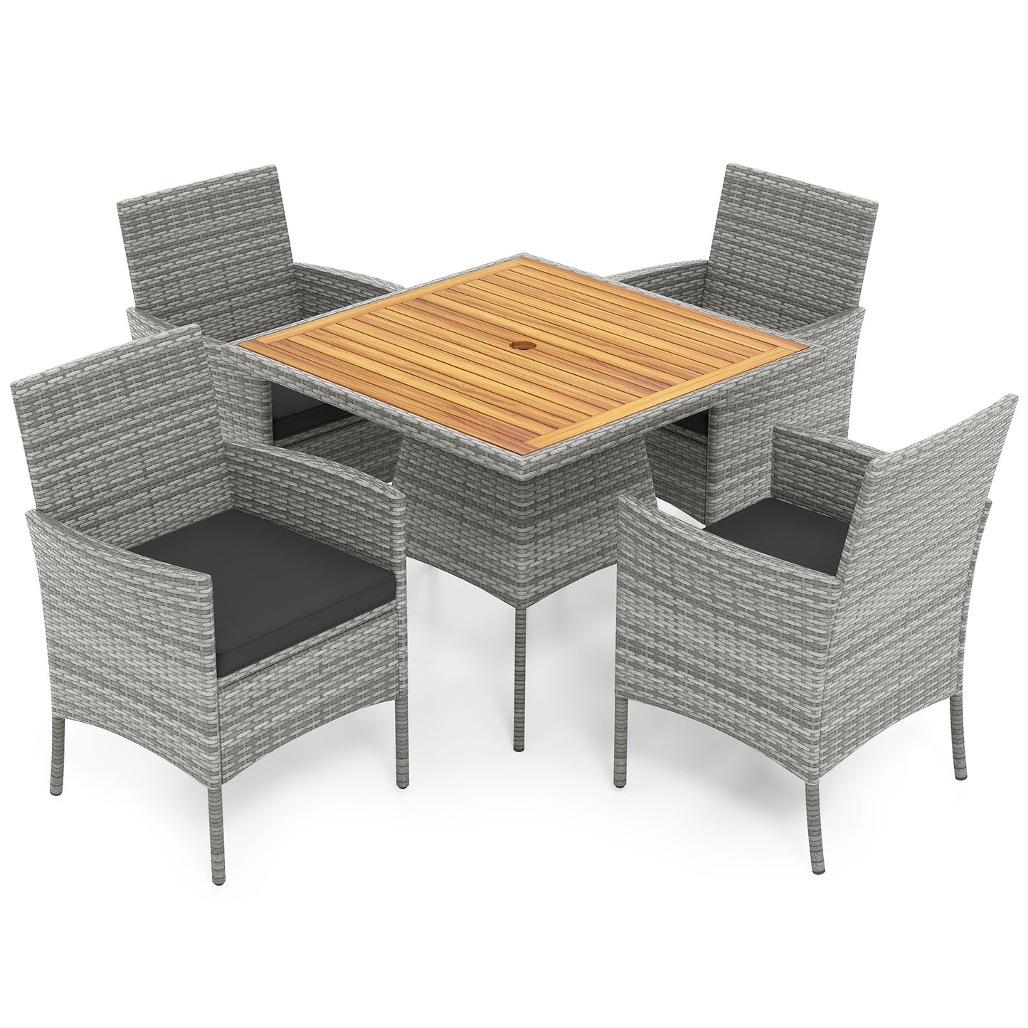 LIVIZA 5 -Piece Gray Rattan Patio Dining Set Rattan Square Table with 4 Cushions Stationary Chairs