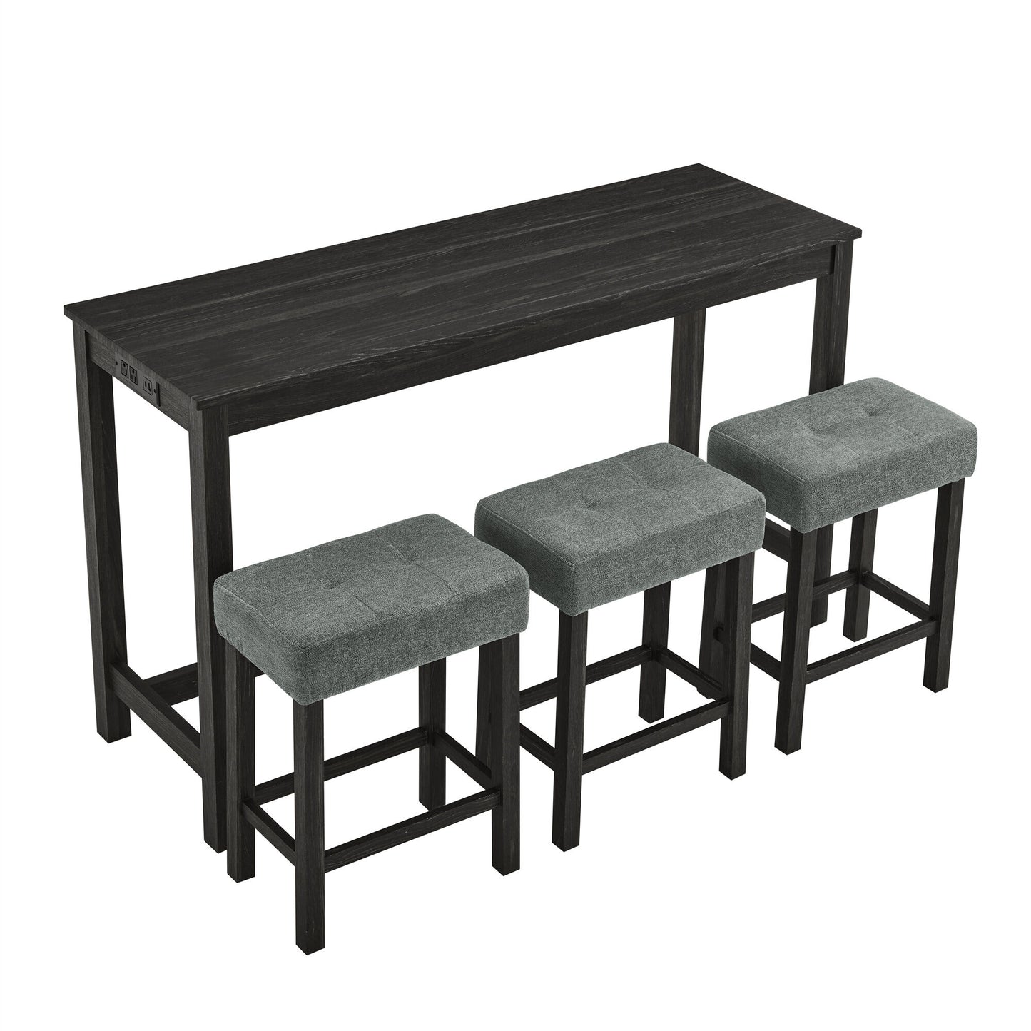 JEAREY 4 Piece 59 Inch Bar Table Set with Power Outlet and 3 Upholstered Stools Industrial Black