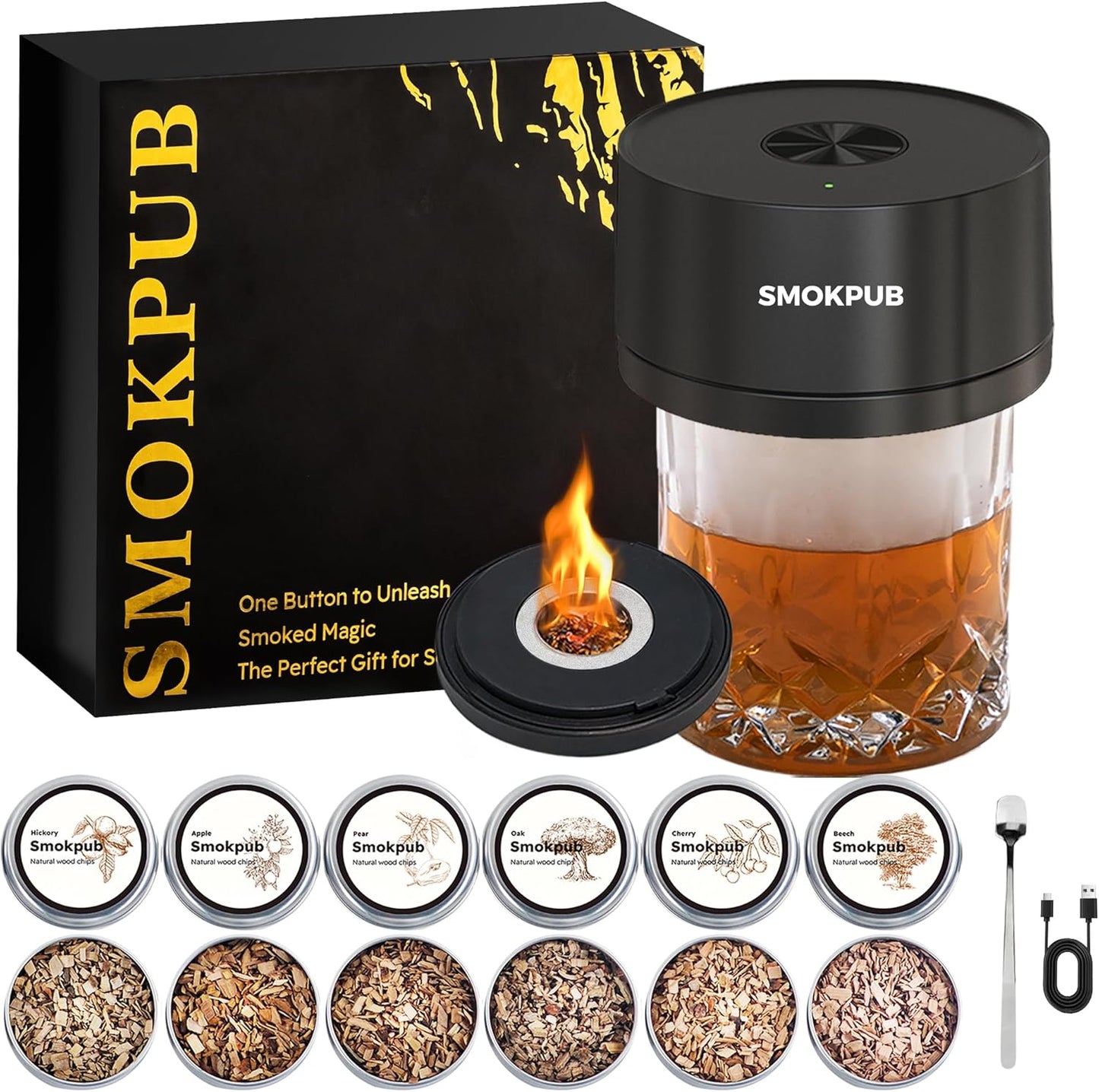 SMOKPUB Electric Whiskey Smoker Kit Built-in Lighter, No Butane Needed, Rechargeable Cocktail Smoker Kit with 6 Wood Chips, Old Fashioned Drink Smoker Kit, Bourbon Whiskey Gifts for Men,Dad,Husband