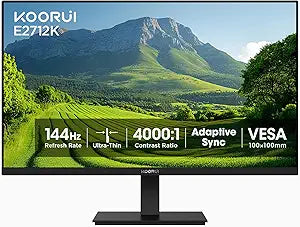 KOORUI 27 Inch Gaming Office Monitor 144Hz VA Display 4000:1 Contrast Ratio, FreeSync FHD 1080P, Eye Care T V Rheinland Certified, Slim Bezels, HDMI VGA Ports, Ergonomic Tilt, VESA Mount, Black