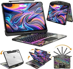 SIBEITU Wireless Keyboard Case for iPad Pro 13 Inch (M5 2025/M4 2024), Clear Protective Cover with Multi-Touch Trackpad & Pencil Holder, 360 Rotatable Stand, 7-Color Backlight & 3-Brightness, Black