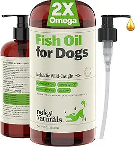 Deley Naturals Dog Fish Oil Icelandic 2X Omega - Dog Itching Skin Relief with Omega 3 6 9 for Allergies, Coat & Heart - Omega 3 Fish Oil for Dogs Skin Irritation - 32oz Omega Oil for Dogs Made in USA