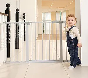 29'-57' Baby and Pet Safety Gate, 30' Tall Metal Walk-Thru Gate for Doorways & Stairs, Easy One-Hand Open, Dual Lock, Extensions & Wall Mounts Included (Gray, 29' x 57' x 30 )