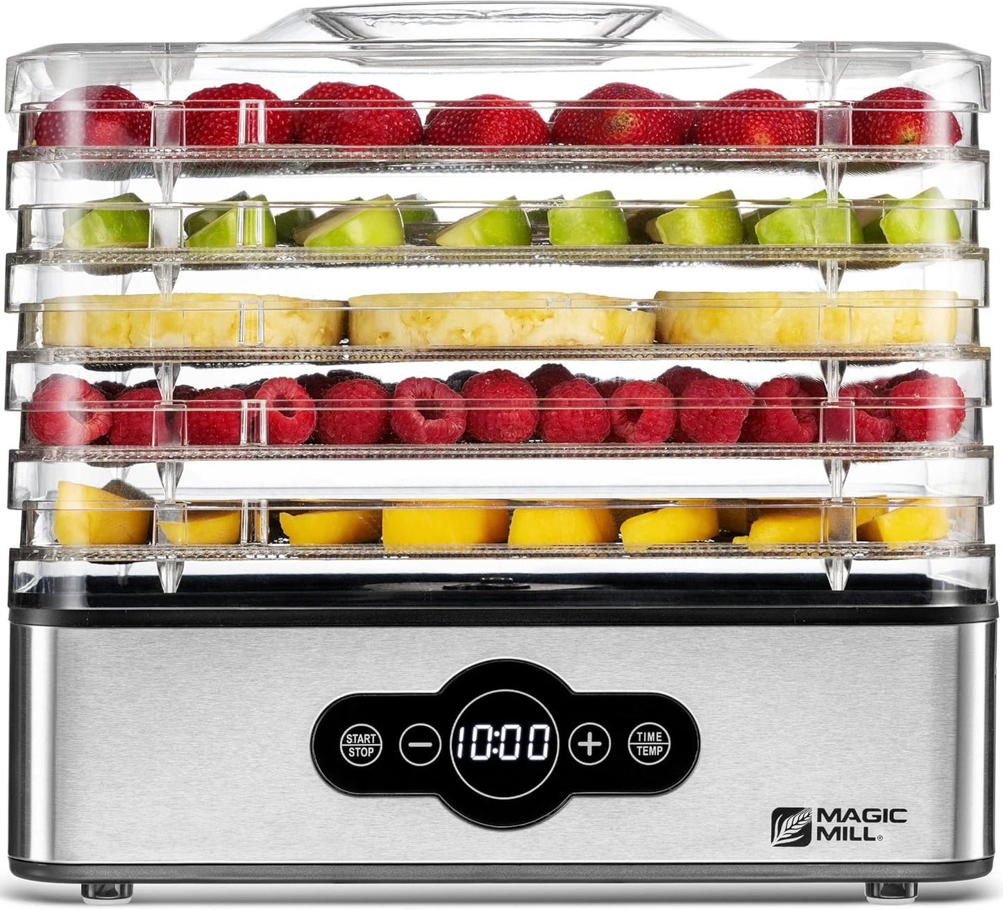 Magic Mill Food Dehydrator Machine | 5 Stackable Stainless Steel Trays, 48H Digital Adjustable Timer & Temperature Control Upto 167 Electric Dryer & Preserver for Jerky, Fruit, Dog Treats & Much More