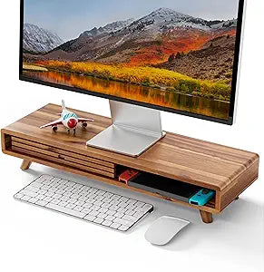 Tinamo Acacia Monitor Stand Riser with Sliding Door - Wooden Monitor Riser for Desk - Computer Monitor Stand for Desk - Multi-Purpose Desktop Storage Stand for Computer; Laptop; TV(24.4 ' x 8' x 5')