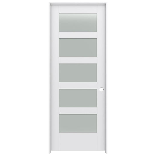 JELD-WEN 30-in x 80-in Primed Solid core 5-panel Frosted glass Left hand Smooth Primed MDF Flat Jamb Single Prehung Interior Door with