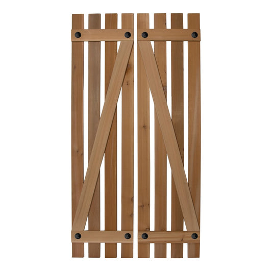Design Craft Millworks 15-in W x 46-in H Natural western red cedar. Blonde, red and brown tones Paintable/Stainable Board and batten Z-bar Wood Exterior Shutters ( 2 -Pack )