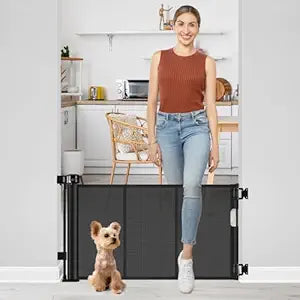 Short Dog Gate 0'-39' Wide Narrow Baby Gate 24 Tall Retractable Short Pet Gate to Step Over Short Baby Gate for Doorway, Low Pet Gate Indoor Doggie Gates Mesh Puppy Gate for Stairs, Black