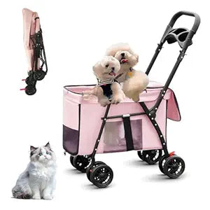 Foldable Pet Stroller for Small Medium Cat Dogs Portable Pets Carriers Strollers with 4 Wheels Up to 55Lbs Puppy Strolling Cart Travel (Pink)