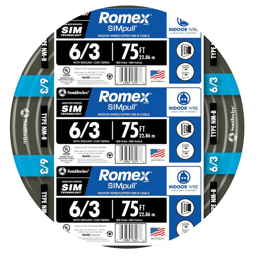 Southwire 75-ft 6 / 3 / Romex SIMpull Stranded Indoor CU NM-B W/G Individual pack ( By-the-roll )