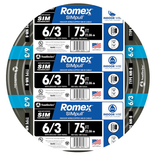 Southwire 75-ft 6 / 3 / Romex SIMpull Stranded Indoor CU NM-B W/G Individual pack ( By-the-roll )