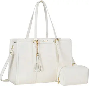 LOVEVOOK Laptop Bag for Women 15.6 inch Lightweight Leather Laptop Tote Bag, Large Capacity Computer bag with Clutch Purse for Business, Work, Office, Travel, School White 15.6 Inch