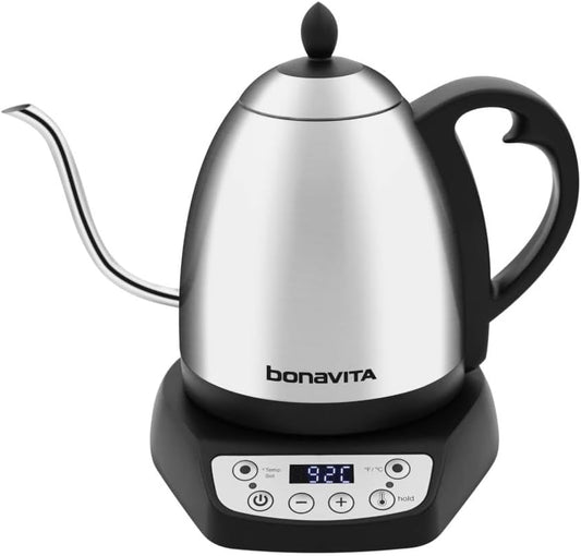 Bonavita 1L Digital Variable Temperature Gooseneck Electric Kettle for Coffee Brew and Tea Precise Pour Control, 6 Preset Temps, Caf or Home Use, 1200 Watt, LED Panel, Stainless Steel