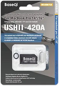 BASEQI UHS-II Aluminum microSD Adapter for 2021 M1 / 2022 M2 / 2023 M3 MacBook Pro 14 & 16 (Adapter with HDMI Dust Plug, Silver)