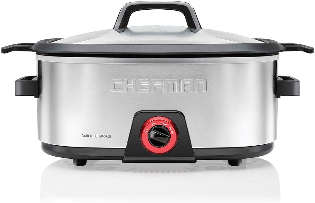 Chefman 6-Quart Slow Cooker, Electric Countertop Cooking, Stovetop & Oven-Safe Removable Insert for Browning & Saut ing, Family-Size Soups & Stews, Nonstick & Dishwasher-Safe Interior,Stainless Steel