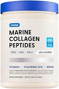 Marine Collagen Peptides - Hydrolyzed Ultra-fine Collagen Powder for Women & Men, Hyaluronic Acid, Biotin, Vitamin C, for Skin, Hair, Nails, Joints, Non-GMO, Unflavored, Easily Dissolved, 16oz