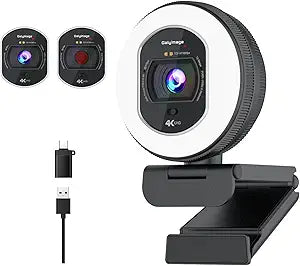 4K Webcam with Ring Light Web Cam 4K Autofocus with TOF Computer Camera 1080P 60FPS Web Camera Built-in Privacy Cover and Microphone Streaming Webcams for Zoom/Skype/Google Meet