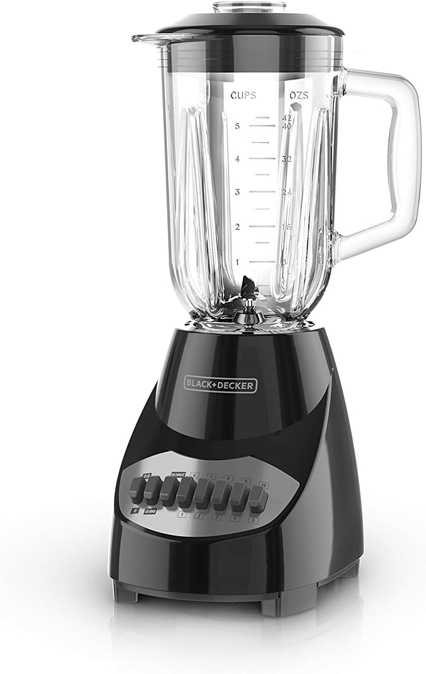 BLACK+DECKER Countertop Blender with 6-Cup Glass Jar, 10-Speed Settings, Black, BL2010BG