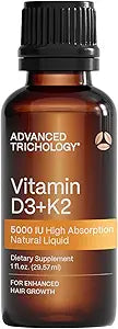Advanced Trichology Vegetarian Liquid Vitamin D3 + K2 â€“ 5000 IU High Absorption â€“ 1000 IU per Drop â€“ 6 Month Supply â€“ Gluten Free 365 Vitamin D3 + K2 â€“ 1 Fluid Ounce (Pack of 1)