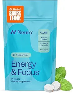 Neuro Energy & Focus Gum - 40mg Natural Caffeine Gum & Nootropic Energy Supplement with L-Theanine & B Vitamins - Sugar Free, Vegan - Peppermint, 90ct
