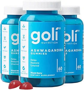 Goli Ashwagandha Gummies with KSM-66 and Vitamin D - Premium Root Extract - Vegan, Non-GMO - Mixed Berry Flavor - 60 Count (3-Pack, 180 Total)