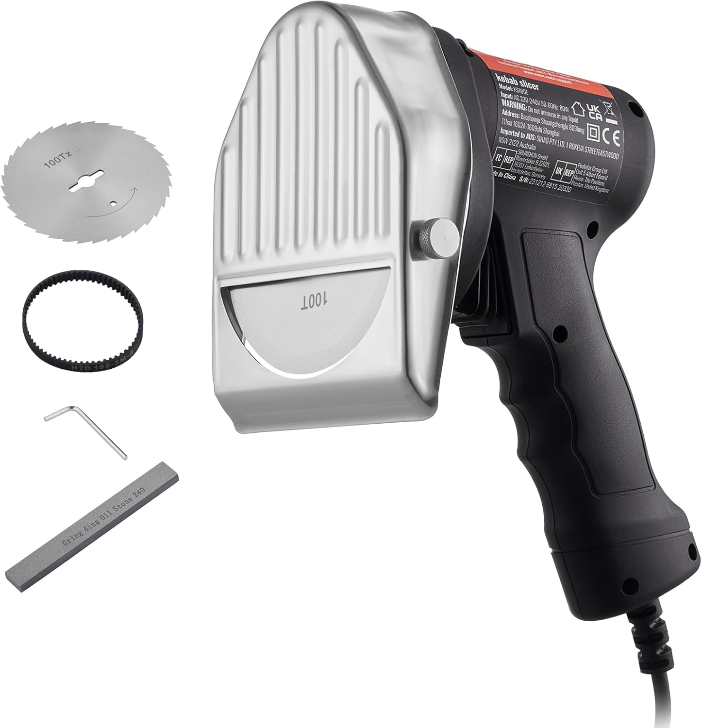 VEVOR Electric Shawarma Knife, 80W Professional Turkish Kebab Knife, Commercial Stainless Steel Gyro Cutter, Doner Kebab Meat Slicer with 2 Blades, 4\/100mm Blade Diameter, 0-8mm Adjustable Thickness