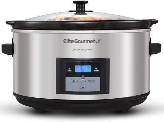 Elite Gourmet MST-900D 8.5Qt Digital Programmable XL Jumbo Slow Cooker, Adjustable Temp, Entrees, Sauces, Stews & Dips, Dishwasher Safe Glass Lid & Crock, Stainless Steel