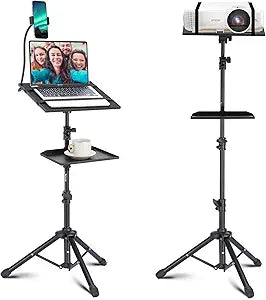Lusweimi Projector Tripod Stand, 50â€ Laptop Stand with 2 Shelves for Projector, iPad, DJ Equipment, Portable Adjustable Floor Stand with Gooseneck Phone Holder for Office, Home, Stage or Studio