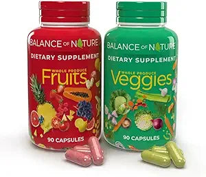 Balance of Nature Fruits & Veggies Supplements - Whole Fruit and Vegetable Ingredients for Women, Men, and Kids - 90 Fruits Capsules, 90 Veggies Capsules - 1 Set