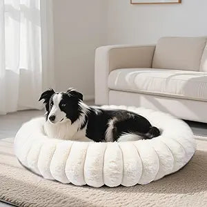 Warming Faux Rabbit Fur Pet Beds Luxurious Donut Dog & Cat Bed, Anti-Anxiety Calming Cuddler Bed for Small Medim Dogs, Washable Round Puppy Kitten Beds, Non-Slip Bottom(31x31x8, White)