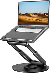 tounee Telescopic Laptop Stand for Desk with 360 Swivel Base, Sit to Stand, Height Adjustable, Portable Riser Holder for Good Posture, Compatible with MacBook Pro, All Laptops 10-17' - Black