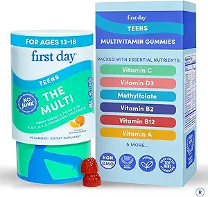 FIRST DAY Vitamins for Teens - Teen Multi Vitamins for Girls & Boys 12-17, Organic Fruit & Veggie Blend - 12 Key Nutrients: Vitamins A, B1, B2, B6, B9, B12, C, D3, E, K2-30 Day Supply