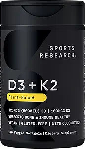 Sports ResearchÂ® Vitamin D3 + K2 with 5000iu of Plant-Based D3 & 100mcg of Vitamin K2 as MK-7 | Non-GMO Verified & Vegan Certified (120ct)