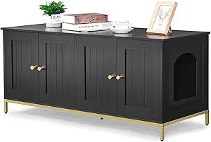 Homhedy Cat Litter Box Enclosure for 2 Cats, Cat Washroom Furniture with Double Room, Pet House with Metal Frame, 47.2 L x 17.7 W x 21.7 H, Black and Gold