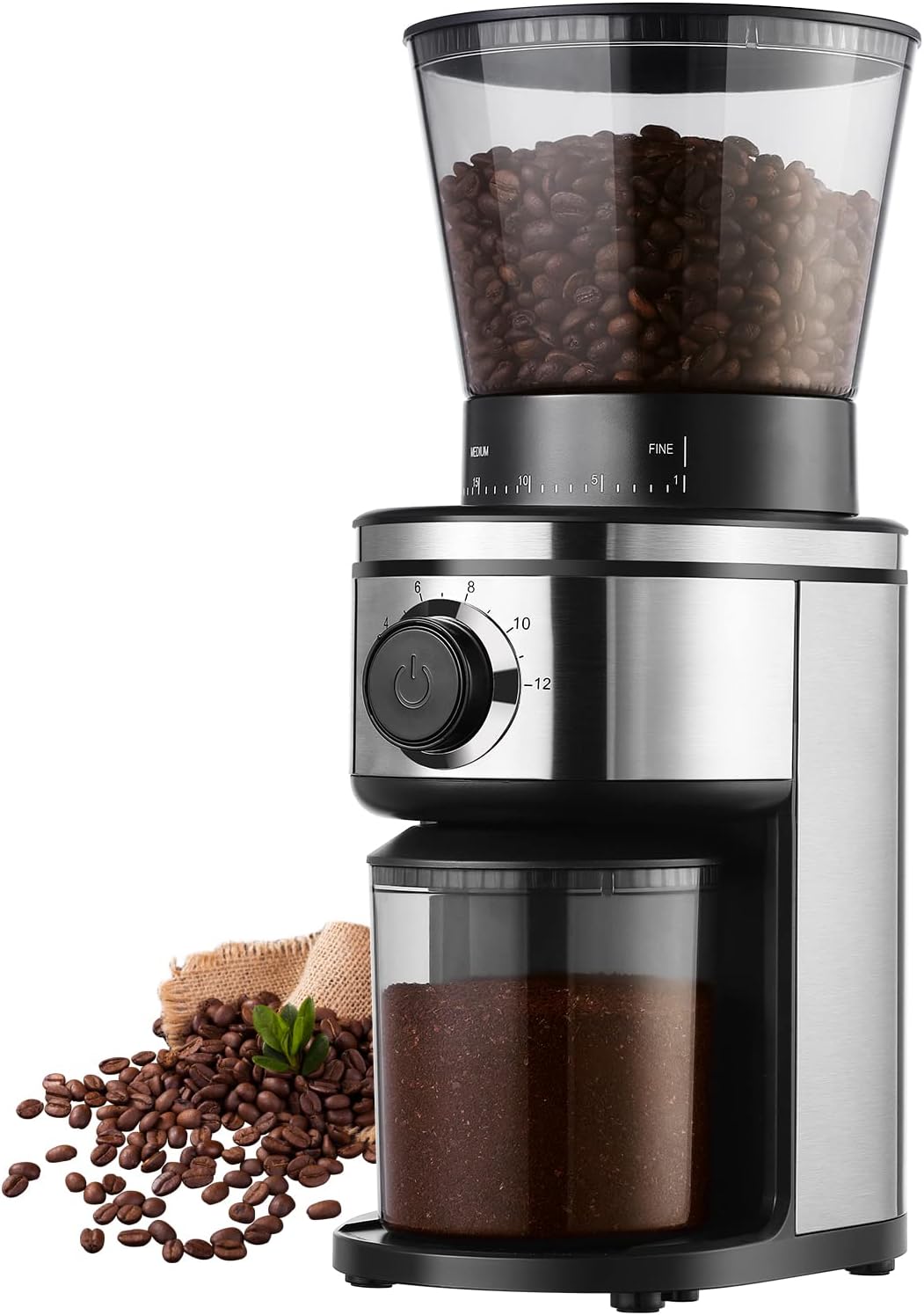 Ollygrin Burr Coffee Grinder, Electric Conical Coffee Bean Grinder With 30 Adjustable Grind Settings For 2-12 Cups, Sliver & Black