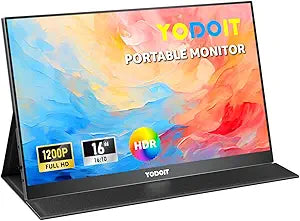 Yodoit Portable Monitor for Laptop 1920 1200 16' FHD Screen IPS Display with USB Type C Port, Built-in Speakers and Smart Cover Compatible with PC, MacBook, Xbox (Black)