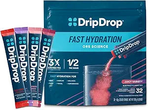 DripDrop Hydration Packets - Juicy Variety Pack - Single Serve Electrolytes Powder Drink Mix - Grape, Fruit Punch, Strawberry Lemonade, Cherry - Non-GMO, Gluten Free, Vegan - 32 Sticks