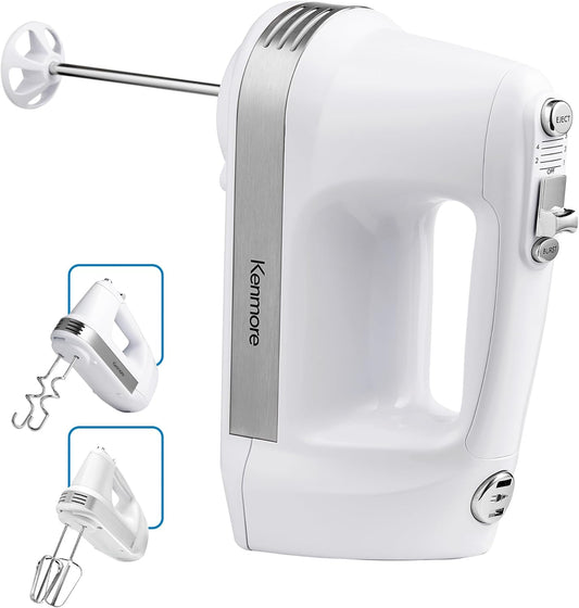Kenmore Electric Hand Mixer 5 Speed Handheld Blender, Electric Egg Beater with Whisk, Beater, Dough Hooks, Storage Case, Turbo Boost for Cake Mix, Batidora de Mano El ctrica