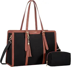 LOVEVOOK Laptop Bag for Women 15.6 inch Lightweight Canvas Laptop Tote Bag, Large Capacity Computer bag with Clutch Purse for Business, Work, Office, Travel, School Black & Brown 15.6 Inch