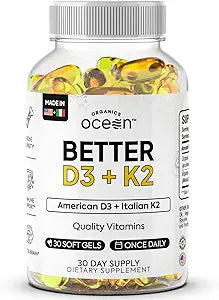 Organics Ocean Better D3 + K2-100% Organic VIT D3 and K2 Supplements with Maximum Bioavailability - Supports Bone Density, Calcium Balance, Immunity & Mood - 1-Pack, 30-Day Supply