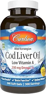 Carlson - Cod Liver Oil Gems, Low Vitamin A, 230 mg Omega-3s, Norwegian, Wild Caught, Sustainably Sourced, 300 Softgels