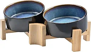 SPUNKYJUNKY 15 Slanted Ceramic Dog and Cat Bowl with Wooden Stand, Tilted Bulldog Food and Water Bowl No Slip Non-Spill for Cats Medium Dogs Big Face Pets 13.5 OZ (1.7 Cups, Starry Blue 2)