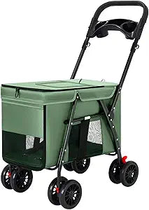 Pet Stroller Cat Dog Stroller Travel Folding Pet Carriers Green